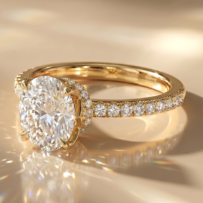 Hidden halo oval engagement ring